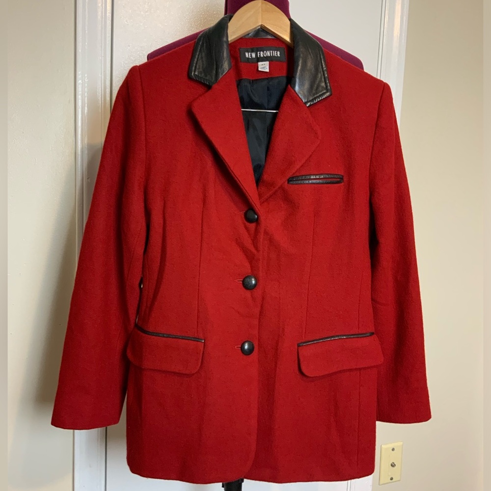 Like New Frontier Wool 100% & Leather Collar Red Blazer Coat …